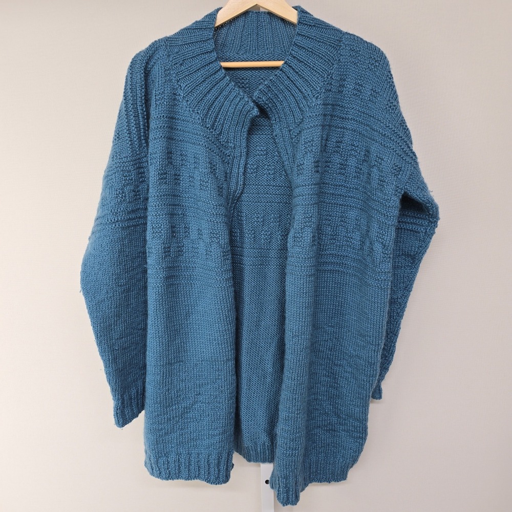 Handmade Vintage Teal Blue Chunky Knit Open Front Cardigan Sweater Women Large - Picture 1 of 3